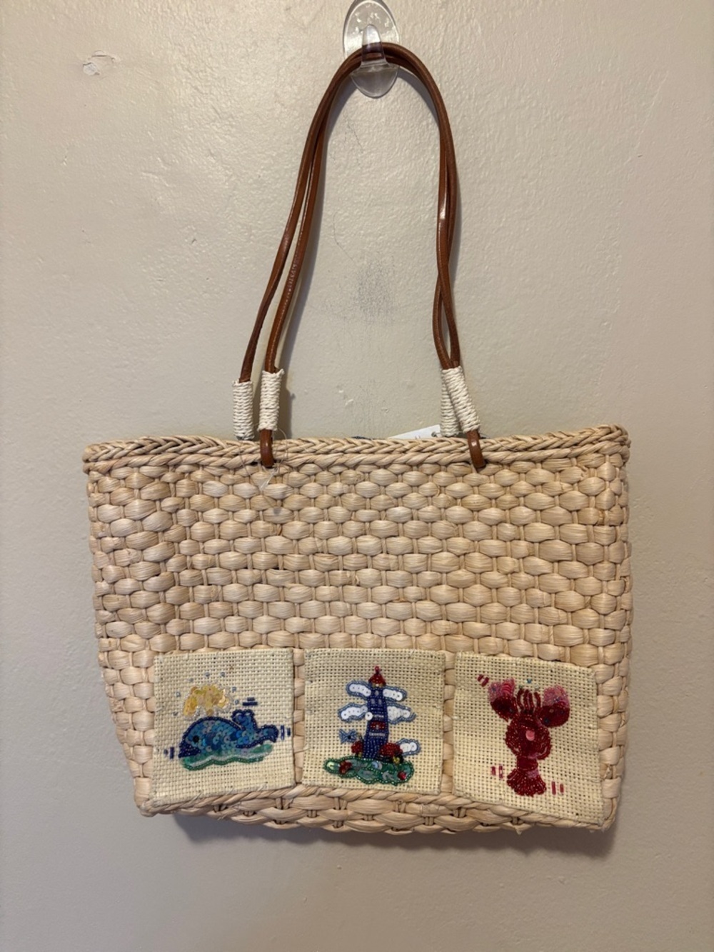 QVC Natural Straw Tote with Brown Handles and Colorful Embroidered Sea Motifs